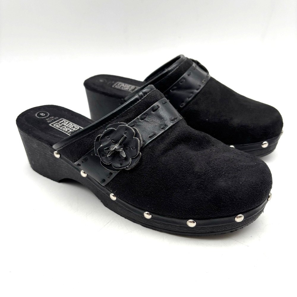 Vintage 90s Y2K Faded Glory HEIDI Black Faux Suede Studded Block Heel Mules 8